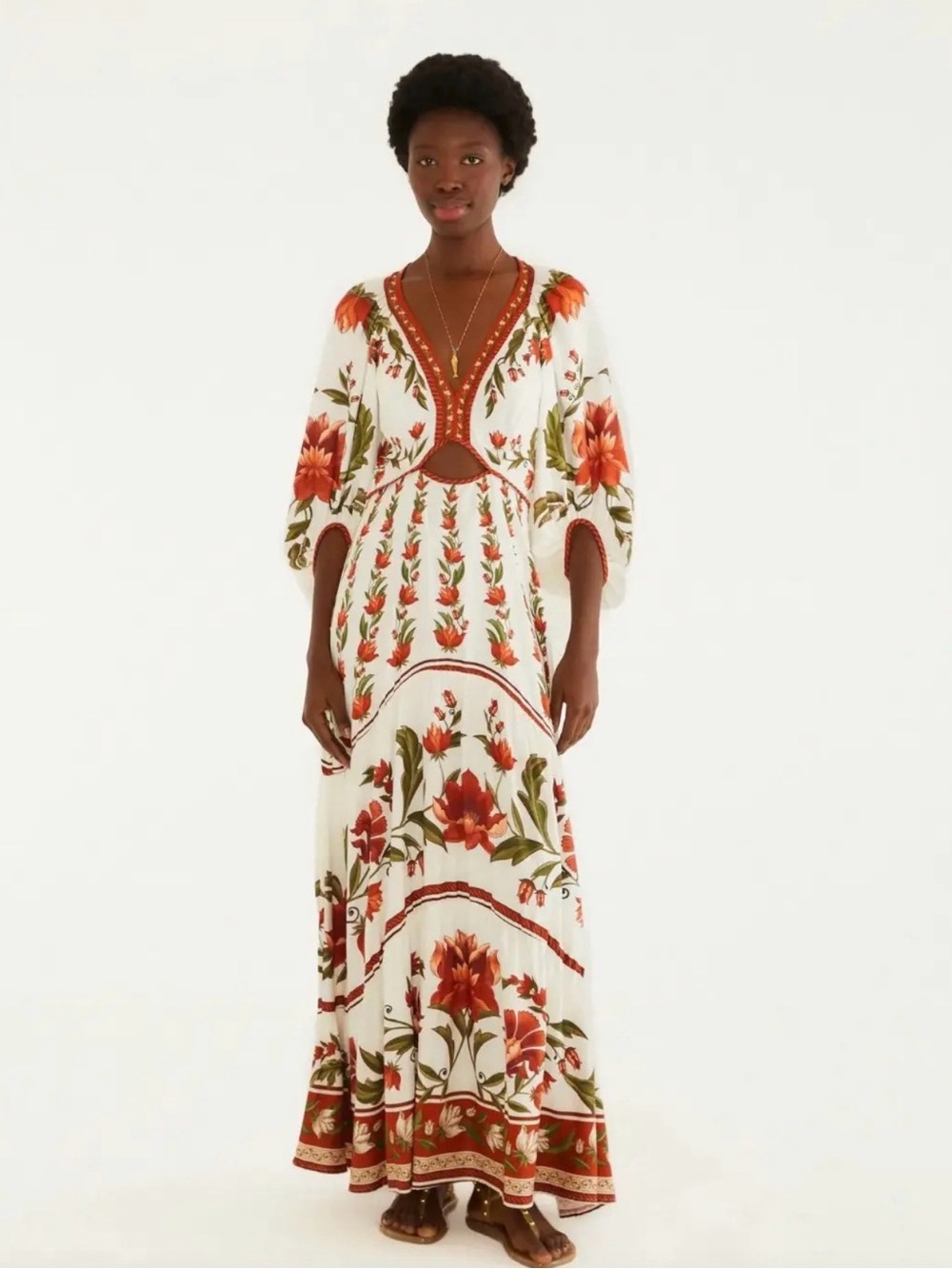 FARM Rio White Maxi Dress with Orange & Green Floral Print - Picture 2 of 3
